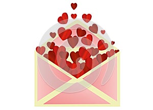 Open envelope with departing red hearts. Valentine`s Day. Love