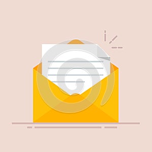 Open envelope with a document. New letter. Sending correspondence. Flat illustration isolated on color background.