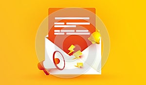 Open envelope icon with yellow bell sign alarm symbol and megaphone icon announcement isolated on yellow background for social