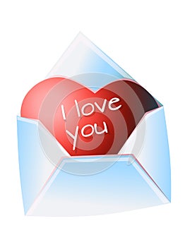 Open envelope letter inside a red heart with the inscription, I love you, confession