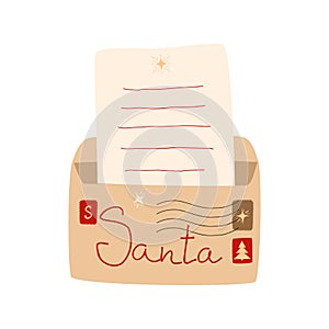 An open envelope with a letter to Santa Claus. Craft envelope with seals and stamps.