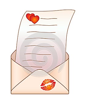 Open envelope with a love message - vector full color picture. Envelope with a letter, hearts and imprint of lipstick. Picture for