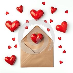 Open envelope made of Kraft paper with a red heart and on a white background. Valentine day greeting concept. Envelope