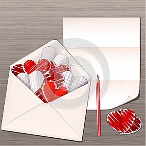 Open envelope with paper hearts