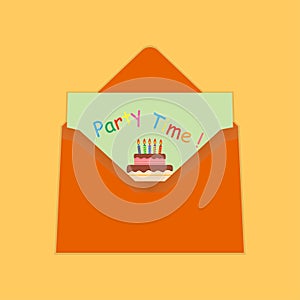 Open envelope with party time invitation card