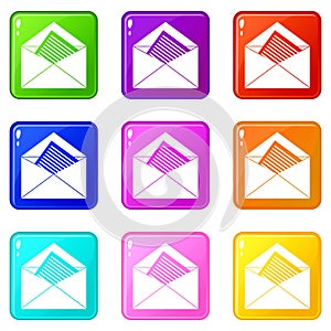 Open envelope with sheet of paper icons 9 set