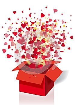 Open explosion red gift box fly hearts and confetti Happy Valentine s day. Vector illustration template bamer poster