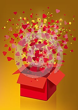 Open explosion red gift box fly hearts and confetti Happy Valentine s day. Vector illustration template bamer poster