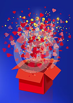 Open explosion red gift box fly hearts and confetti Happy Valentine s day. Vector illustration template bamer poster