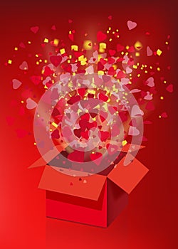 Open explosion red gift box fly hearts and confetti Happy Valentine s day. Vector illustration template bamer poster