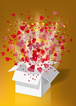 Open explosion white gift box fly hearts and confetti Happy Valentine s day. Vector illustration template bamer poster