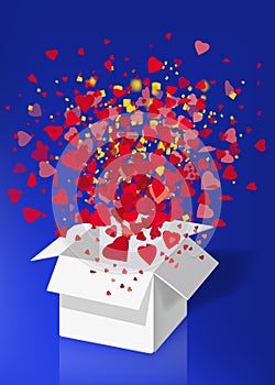 Open explosion white gift box fly hearts and confetti Happy Valentine s day. Vector illustration template bamer poster