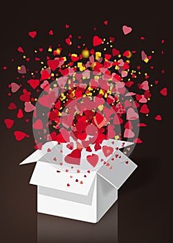 Open explosion white gift box fly hearts and confetti Happy Valentine s day. Vector illustration template bamer poster
