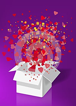 Open explosion white gift box fly hearts and confetti Happy Valentine s day. Vector illustration template bamer poster