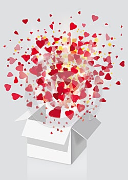 Open explosion white gift box fly hearts and confetti Happy Valentine s day. Vector illustration template bamer poster