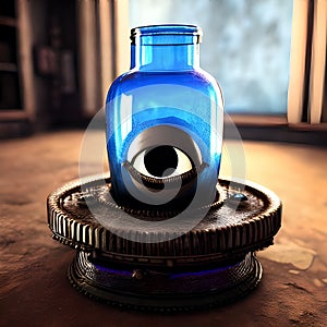 An open eye inserted inside a blue glass vase of a mysterious contraption