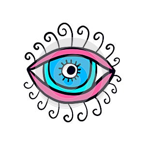 Open eye with lashes hand drawn vector illustration logo in cartoon comic stlye blue pink colors photo