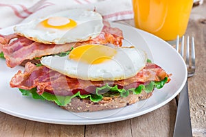 Open face sandwich with egg, bacon, tomato and lettuce