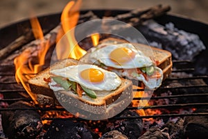 open-face toasted sandwich over glowing campfire coals