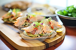 open-faced baked salmon sandwiches on a platter