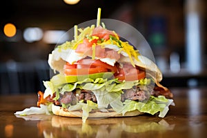 open-faced burger showing layers of meat, cheese, and lettuce