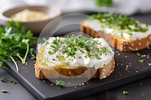 open-faced cheese sandwich with a sprinkle of herbs on top