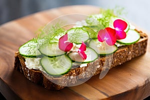 open-faced rye bread sandwich with cucumber and radish slices