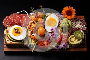 open-faced sandwich with artistic toppings arrangement