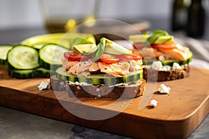 open-faced sandwich with salmon and cucumber on crusted bread