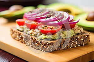 open-faced tempeh sandwich on multi-grain bread