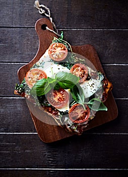 Open-faced toasted cheese sandwich with cherry tomatoes, spinach and fresh basil.