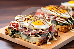 open-faced toasted sandwich topped with shreds of roast beef