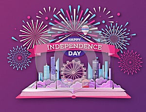 Open fairy tale book with city landscape and holiday firework. Inependence day.Cut out paper art style design