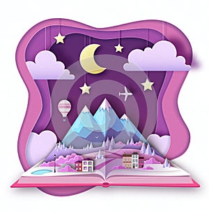 Open fairy tale book with countryside mountains landscape. Cut out paper art style design