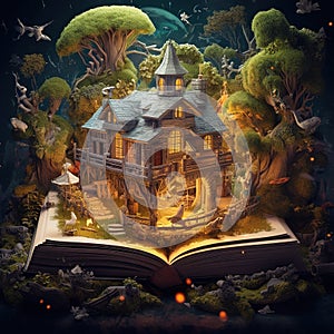 Open fairy tale book with a fairy tale castle in the forest