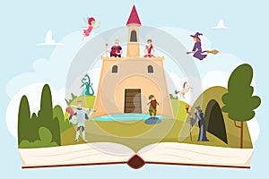 Open fairy tale book. Fantasy background with funny mascot princess knight wizard witch vector cartoon landscape on