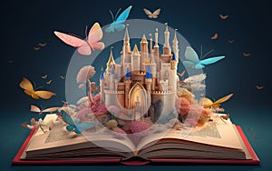 Open fairy tale book with fantasy castle and flying butterflies. Generative AI