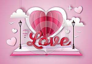 Open fairy tale book with valentine love heart. Happy Valentine`s day background. Cut out paper art style design