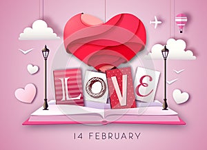 Open fairy tale book with valentine love heart. Happy Valentine`s day background. Cut out paper art style design