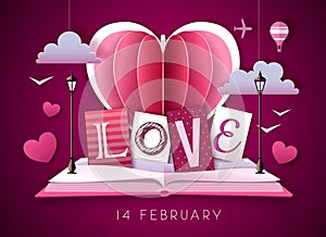 Open fairy tale book with valentine love heart. Happy Valentine`s day background. Cut out paper art style design