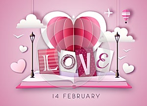 Open fairy tale book with valentine love heart. Happy Valentine`s day background. Cut out paper art style design