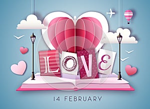 Open fairy tale book with valentine love heart. Happy Valentine`s day background. Cut out paper art style design