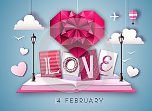 Open fairy tale book with valentine love heart. Happy Valentine`s day background. Cut out paper art style design