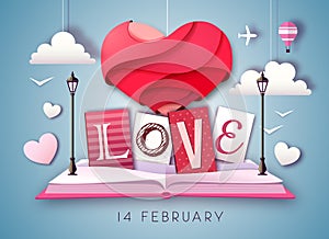 Open fairy tale book with valentine love heart. Happy Valentine`s day background. Cut out paper art style design