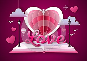 Open fairy tale book with valentine love heart. Happy Valentine`s day background. Cut out paper art style design