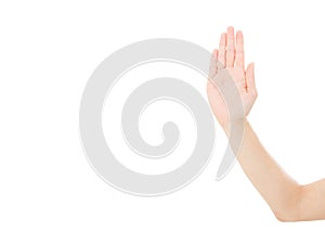 Open female hand show the stop sign isolated on white background,mock up