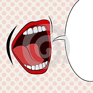 Open female mouth screaming announcement and empty speech bubble.