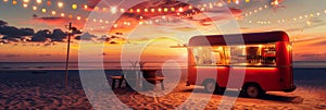 Open Festive Food Truck on Beach, Beach Party Night bar with Light Bulbs on Sunset Background