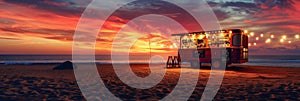 Open Festive Food Truck on Beach, Beach Party Night bar with Light Bulbs on Sunset Background