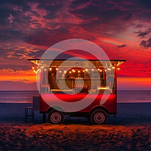 Open Festive Food Truck on Beach, Beach Party Night bar with Light Bulbs on Sunset Background